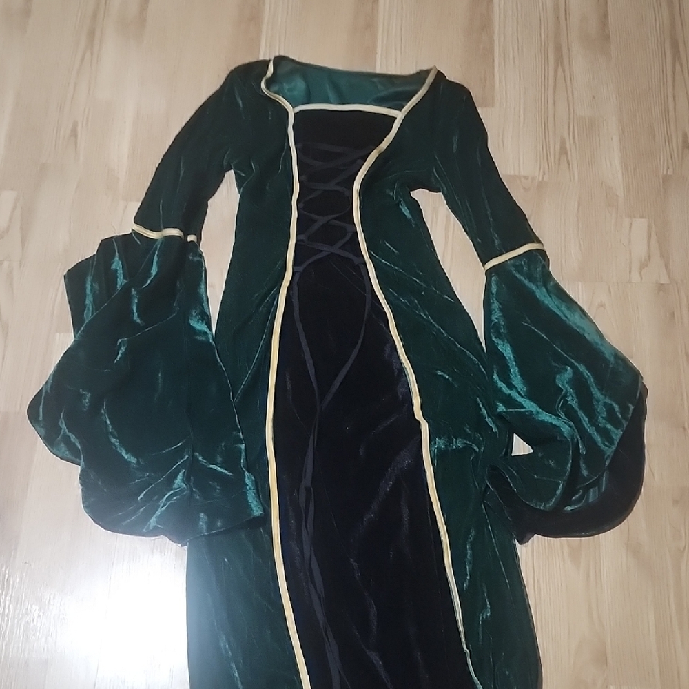 Elegant Green Velvet Dress with Gold Trim